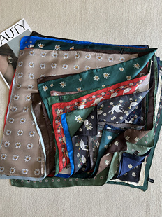 100%真丝斜纹绸印花小方巾桑蚕丝手工边多功能百搭小丝巾护颈领巾