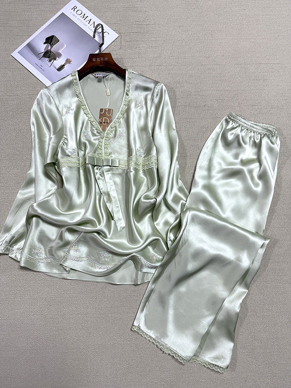 桑蚕丝素绉缎气质花边睡衣套装女 纯欲仙女风真丝深V领纯色家居服