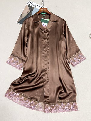 桑蚕丝丝绸优雅蕾丝边衬衫式睡裙