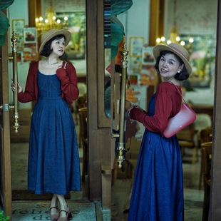 （秋意）复古蓝色牛仔吊带裙女秋新款高腰大摆裙显瘦长款连衣裙