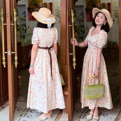 辛西娅自制（莫奈公主）法式复古翻领碎花连衣裙高腰显瘦气质长裙