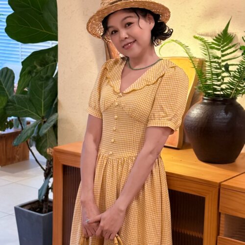 法式复古文艺黄色格子连衣裙