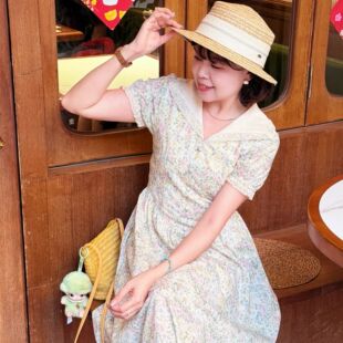 [青芜浅夏]法式娃娃领清新碎花长裙收腰显瘦温柔风夏季连衣裙