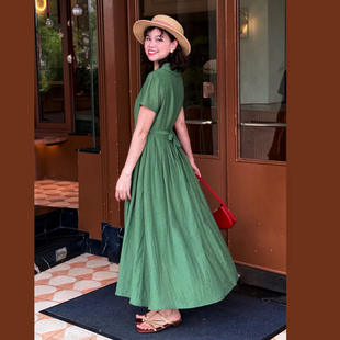 （绿裙）法式优雅精致感衬衫领连衣裙女夏设计感正肩袖新款长裙