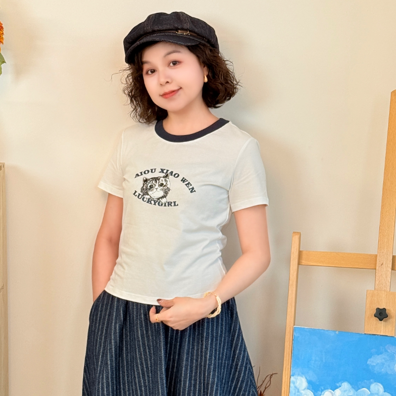 （小猫孟夏）艾欧雯自制清新减龄小猫印花T恤白色百搭显瘦短款上�
