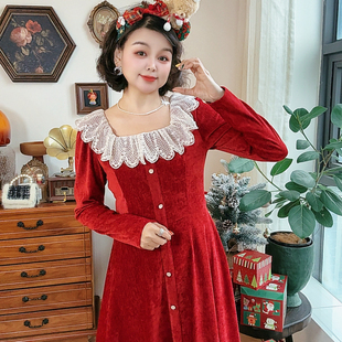 INS风拼接长袖女蕾丝花边方领针织气质圣诞风韩版红色连衣裙