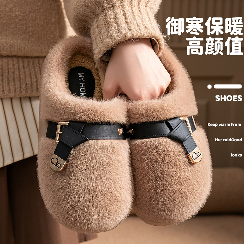 棉拖鞋女款秋冬季2025新款室内家居防滑厚底毛毛加绒月子拖鞋冬天