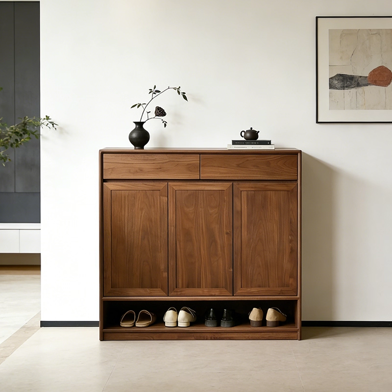 新中式北美黑胡桃木玄关柜宋式美学三门两抽鞋柜门厅入户实木边柜,住宅家具,鞋柜,淘宝优惠券,粉丝福利购,淘宝优惠卷