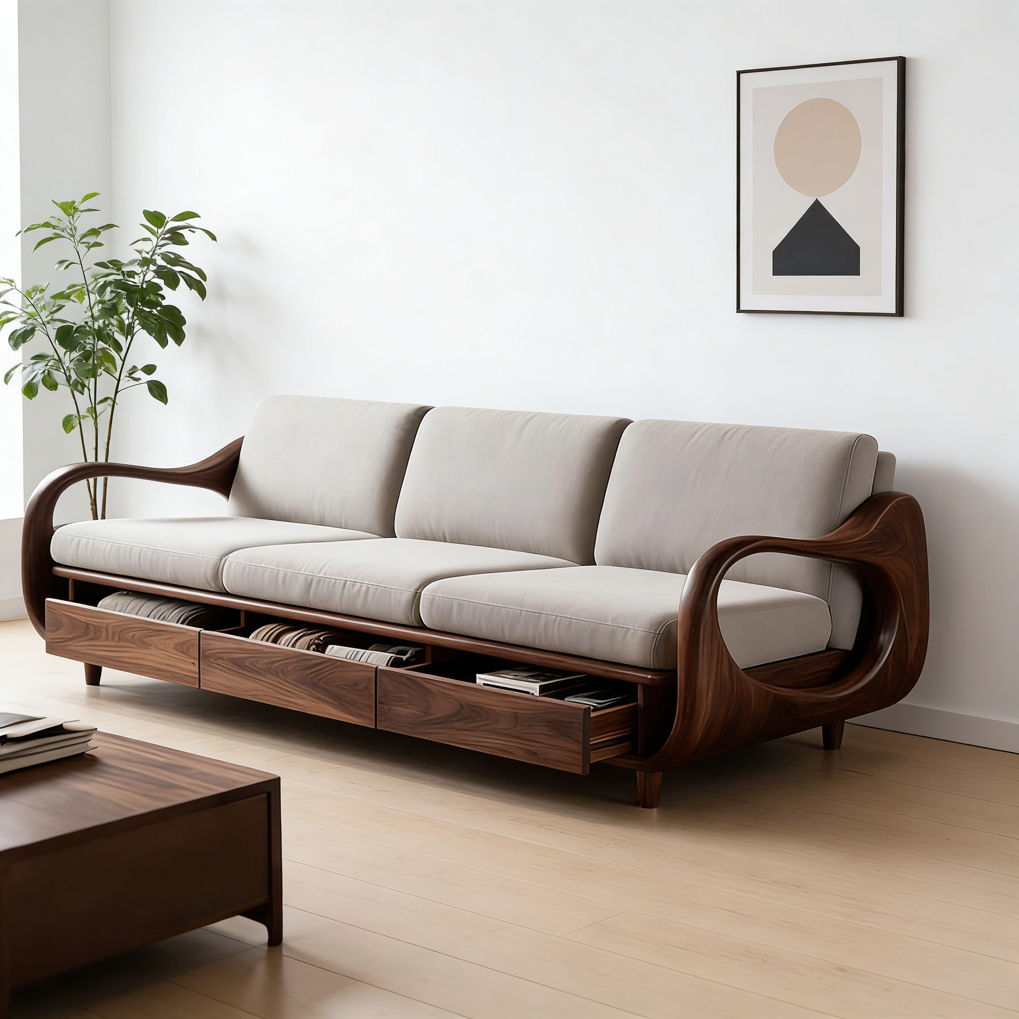 新中式黑胡桃木实木新款大小户型客厅现代简约直排布艺沙发带储物