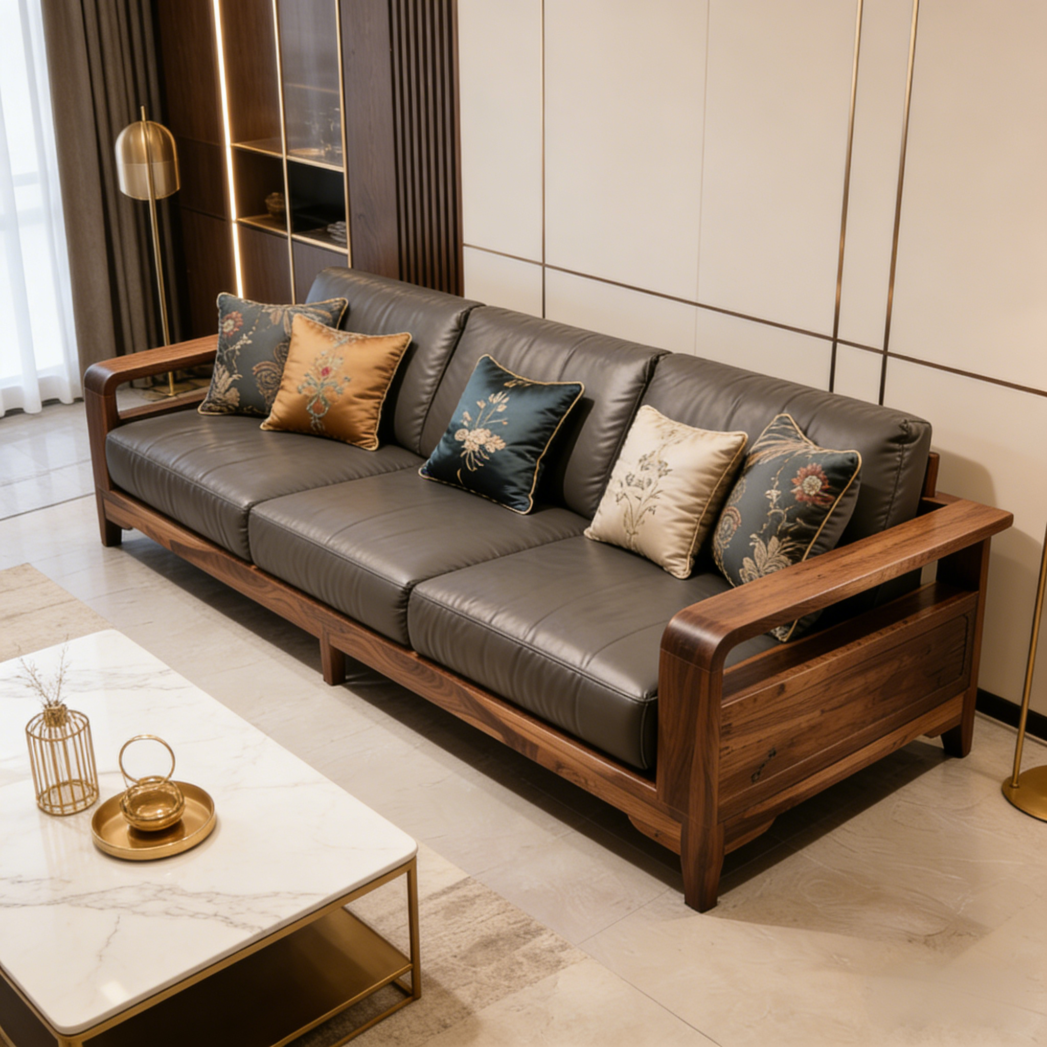 新中式实木沙发2026年新款客厅家用高端黑胡桃木别墅真皮直排沙发,住宅家具,实木沙发,淘宝优惠券,粉丝福利购,淘宝优惠卷