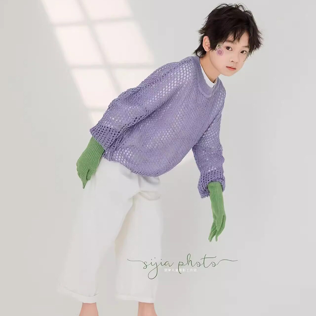 童装儿童毛衣女宝宝紫色摄影服装拍照针织衫镂空套头洞洞衫小清新