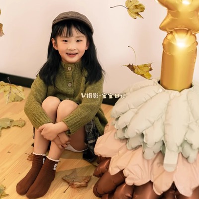 男女童儿童摄影服装墨绿色艺术气质针织毛衣开衫外套设计感上衣潮