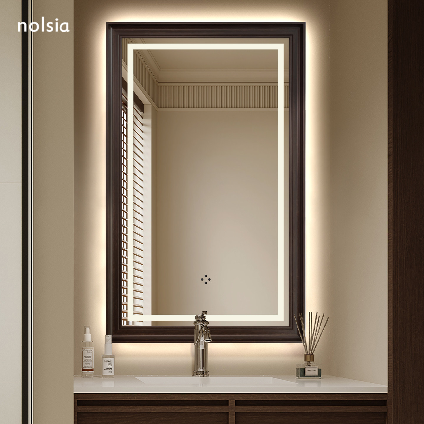 中古风长方形发光浴室镜带灯壁挂卫生间洗浴镜子高级感防雾智能镜