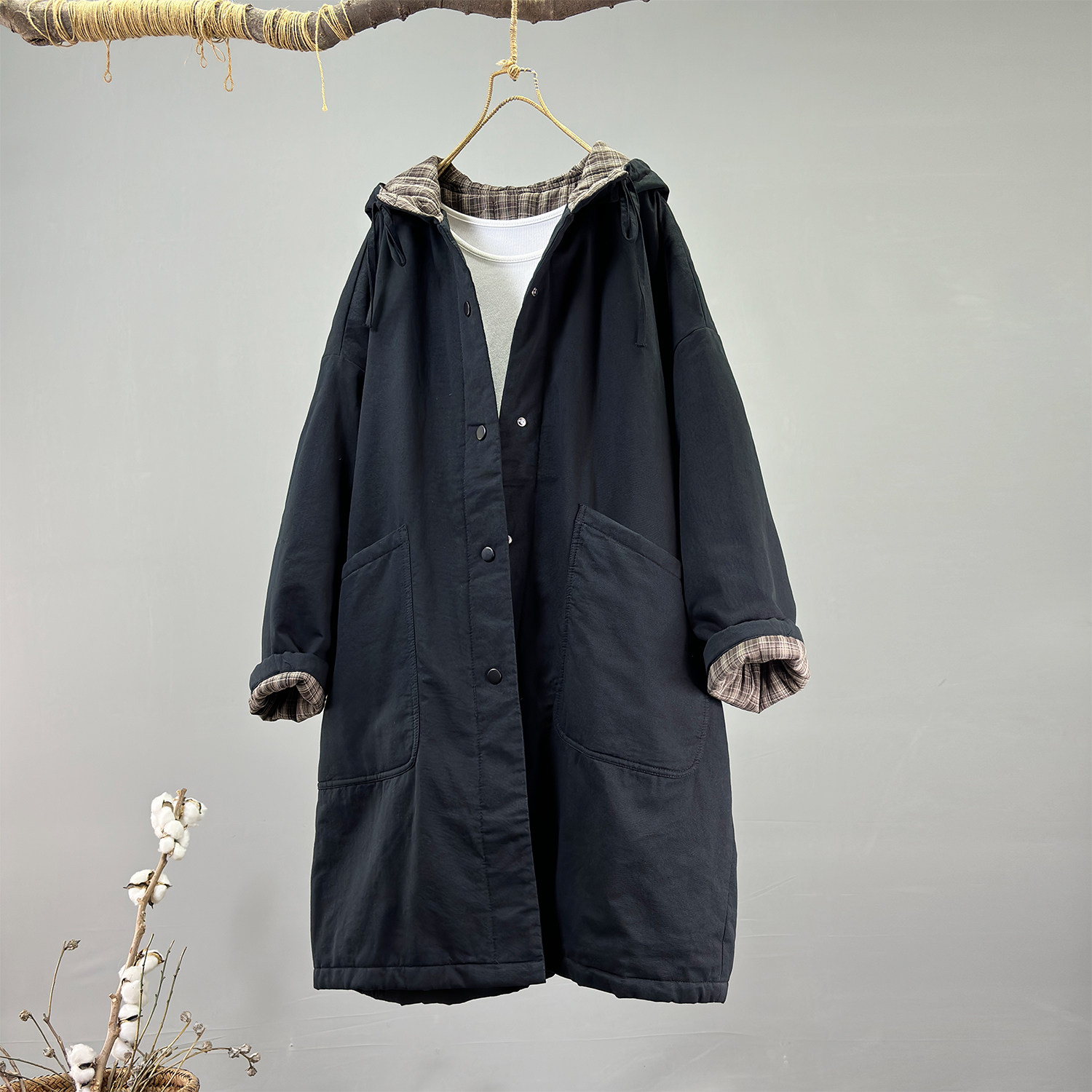 韩范简约连帽夹棉纯棉过膝长款加厚棉服风衣外套女2025冬大版棉袄,女装/女士精品,棉衣/棉服,淘宝优惠券,粉丝福利购,淘宝优惠卷