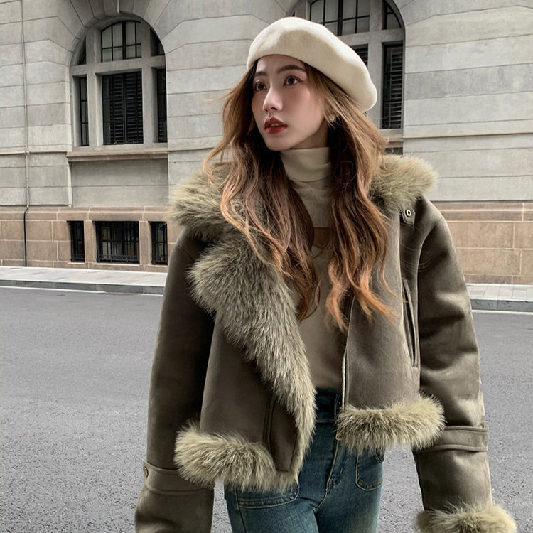 欧美美拉德复古墨绿色皮毛一体机车外套设计感加厚毛毛保暖外套