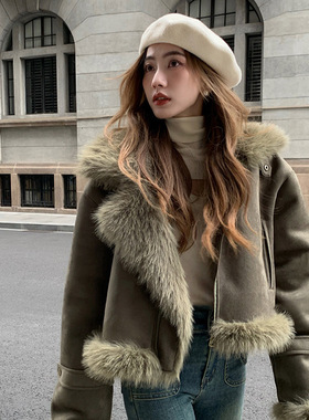 欧美美拉德复古墨绿色皮毛一体机车外套设计感加厚毛毛保暖外套