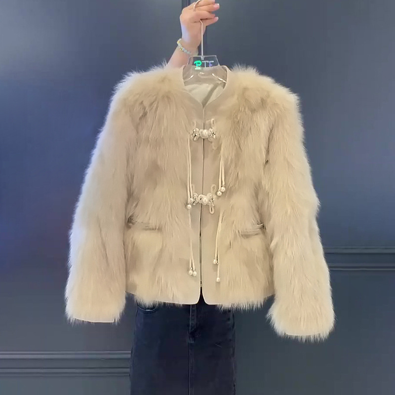 欧美外贸爆款新中式国风仿狐狸毛皮草外套女圆领时尚短款大衣