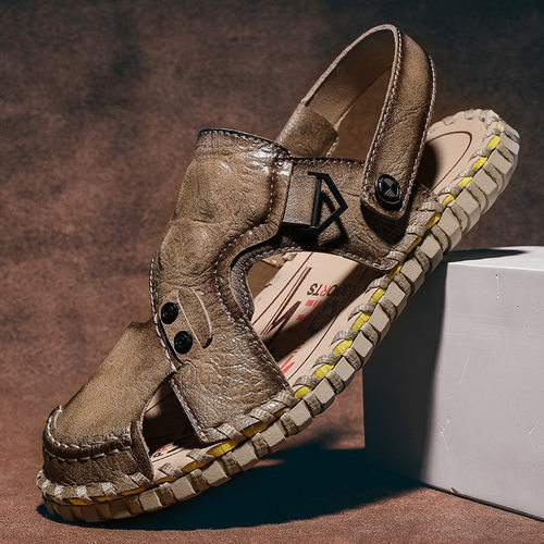 大码凉鞋男手工缝制透气休闲沙滩鞋男软底鳄鱼纹罗马凉鞋代发