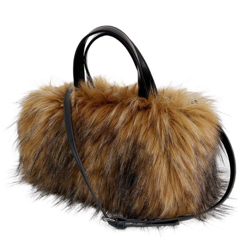 新款女式毛绒托特手提包仿貉子毛欧美斜挎手拎包方包跨带甜酷风格
