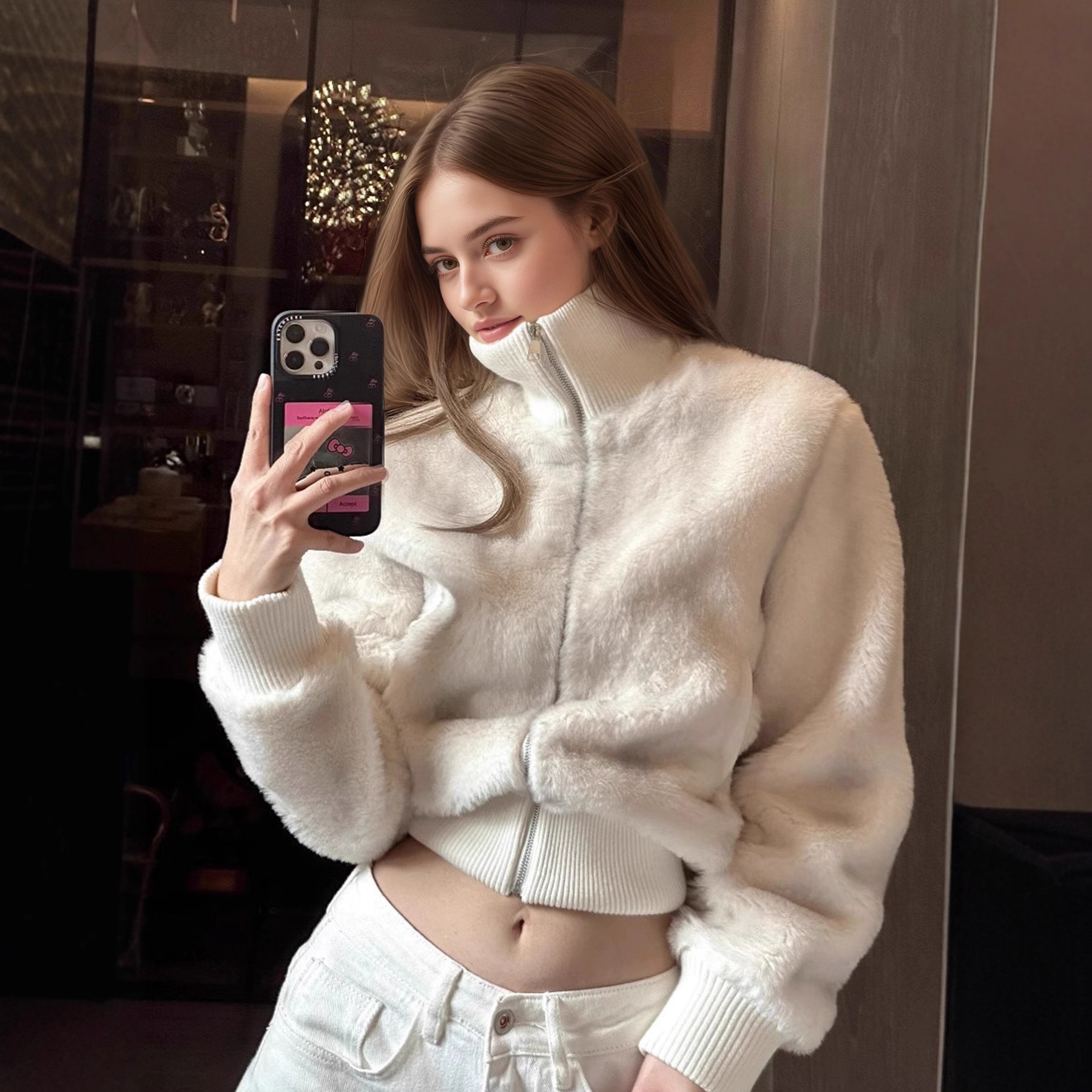 欧美外贸爆款仿水貂毛环保皮草外套女小众高领拉链短款上衣