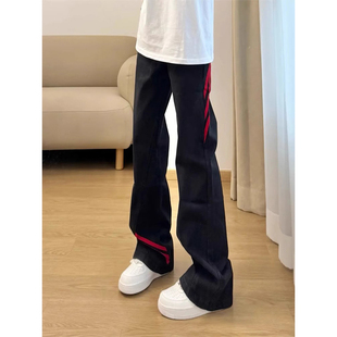 美式弯刀微喇牛仔裤男夏季高街斜杠三条纹红黑撞色修身显瘦直筒裤