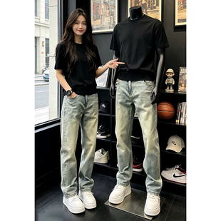 夏季修身直筒休闲牛仔裤男士宽松水洗做旧美式潮流痞帅慵懒风男裤