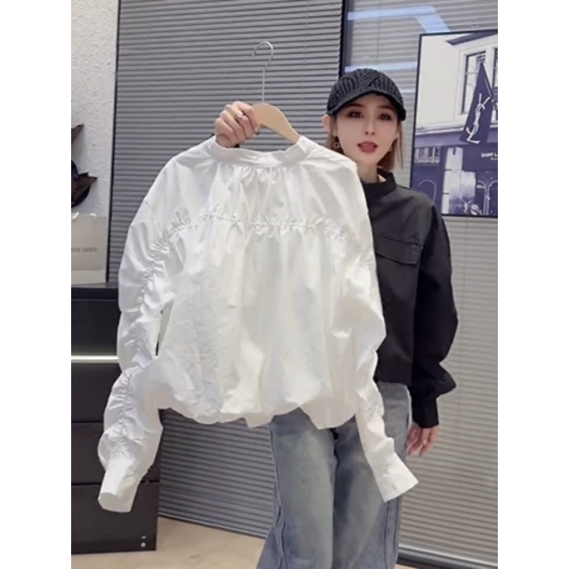 欧货后背褶皱双口袋排扣立领衬衫女2026春季新款时髦个性宽松衬衣