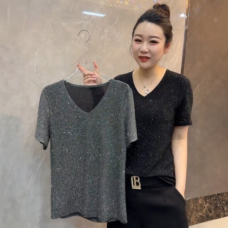 欧洲站重工镶钻V领短袖T恤女图片