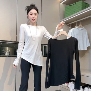 设计感不规则斜摆上衣女简约纯色一字领长袖t恤日常基础款打底衫