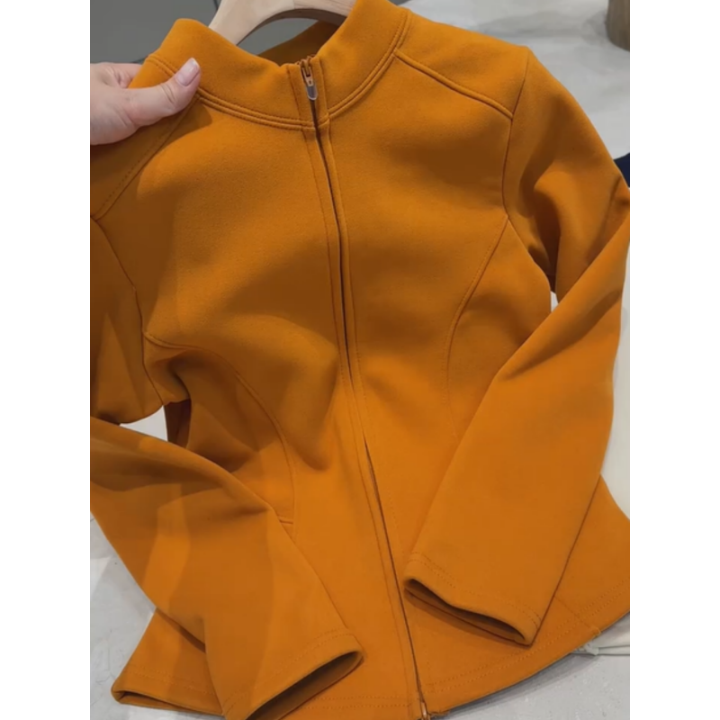 欧洲站韩版立领鱼骨线收腰卫衣女冬季新款洋气简约双拉链运动外套