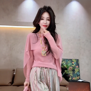 春款2026新款女装轻熟气质斗篷式拼接长袖上衣独特漂亮超好看小衫