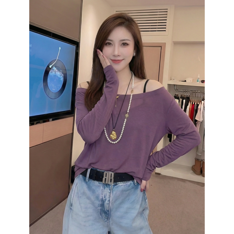 2026春夏新款网纱露肩一字领长袖T恤女松弛性感宽松薄款防晒罩衫