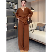 新款 纯色加厚V领针织上衣 阔腿裤 欧货冬季 套装 女慵懒风宽松两件套