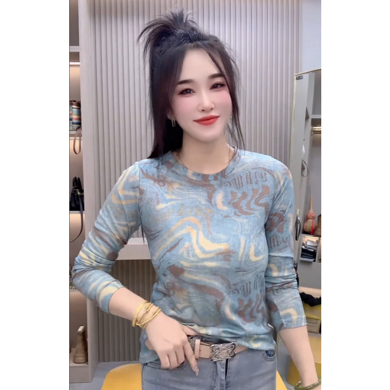欧货2025早秋新款设计感蓝色晕染小众独特长袖T恤女时尚薄款网纱,女装/女士精品,T恤,淘宝优惠券,粉丝福利购,淘宝优惠卷