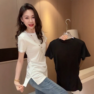 中长款遮屁股洋气短袖上衣女褶皱侧开叉收腰t恤日常减龄百搭小衫