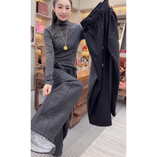 欧洲站爆闪烫钻高腰抽绳阔腿裤女冬季新款加绒保暖休闲慵懒弯刀裤