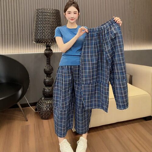 经典格纹阔腿裤女2026