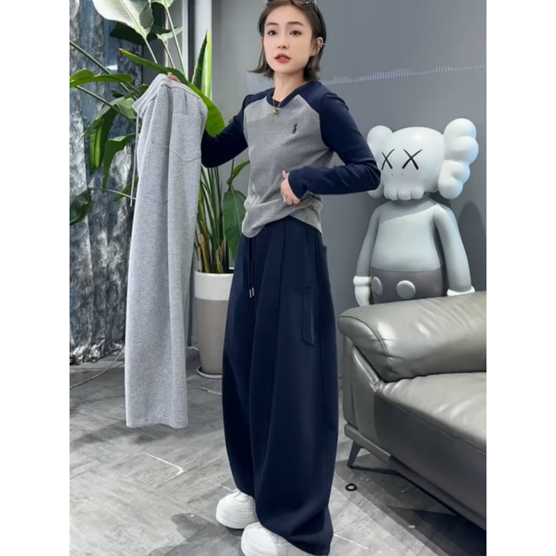 欧洲站侧口袋高腰抽绳弯刀卫裤女冬季新款加绒加厚休闲宽松阔腿裤