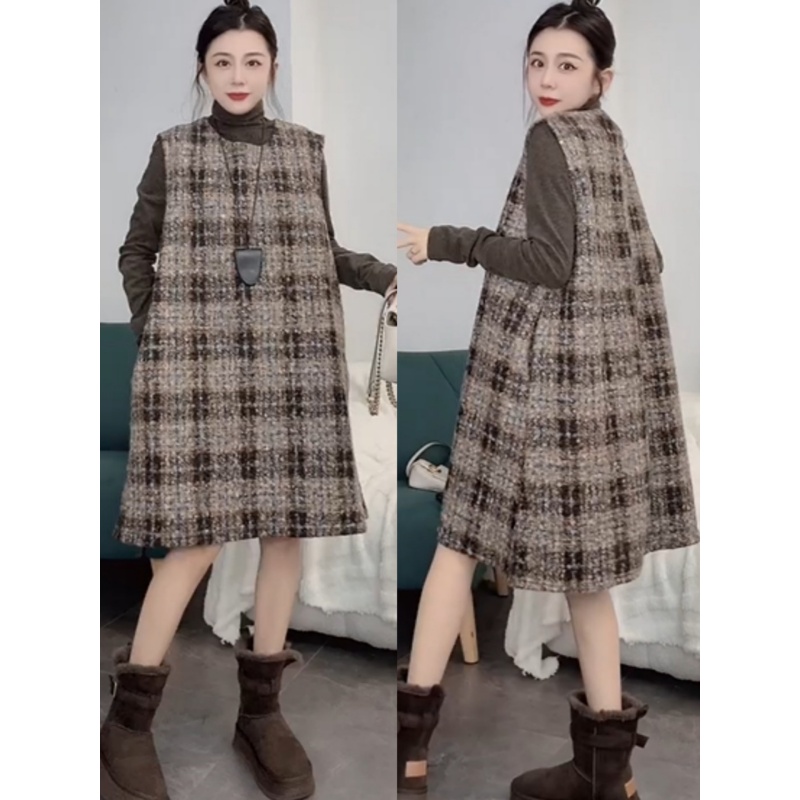冬季新款格纹无袖叠穿连衣裙