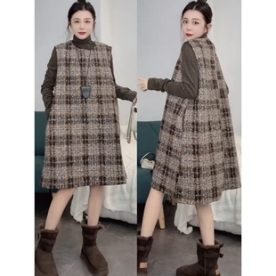 叠穿连衣裙女高级感轻奢气质中长A字背心裙 格纹无袖 2025冬季 新款