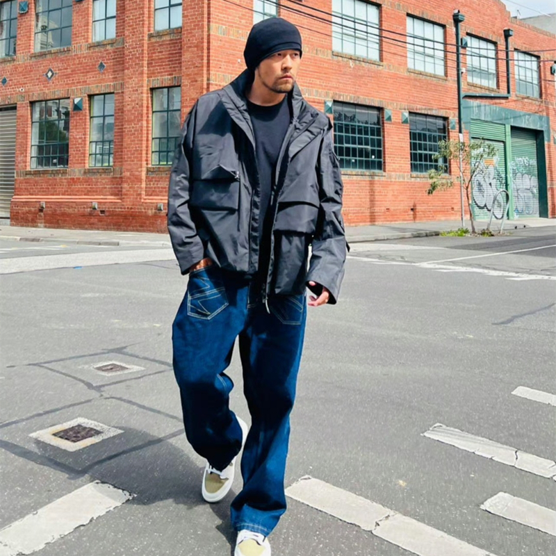 清仓杰伦同款牛仔裤男大码工装阔腿直筒裤宽松口袋水洗单宁裤简约