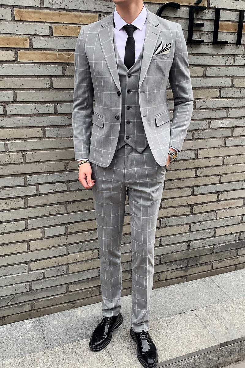 韩版修身格子西装套装男士英伦西服三件套职业装礼服SJT812-P280,男装西服套装,星座1012