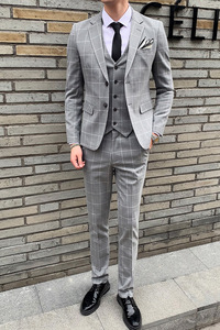 韩版修身格子西装套装男士英伦西服三件套职业装礼服 SJT812-P280图片