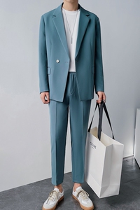 宽松西装套装男帅气宽松西服两件套纯色休闲礼服海蓝DX857-P120图片