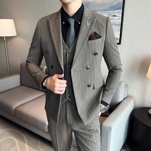 秋冬男加厚双排扣西装套装条纹西服三件套双开叉SJT866-P285图片