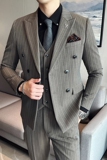 秋冬男加厚双排扣西装套装条纹西服三件套双开叉SJT866-P285，男装西服套装，星座1012