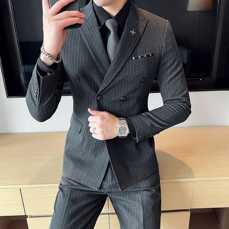 品质货条纹双排扣西服男套装三件套修身西装礼服商务SJT826-P265图片