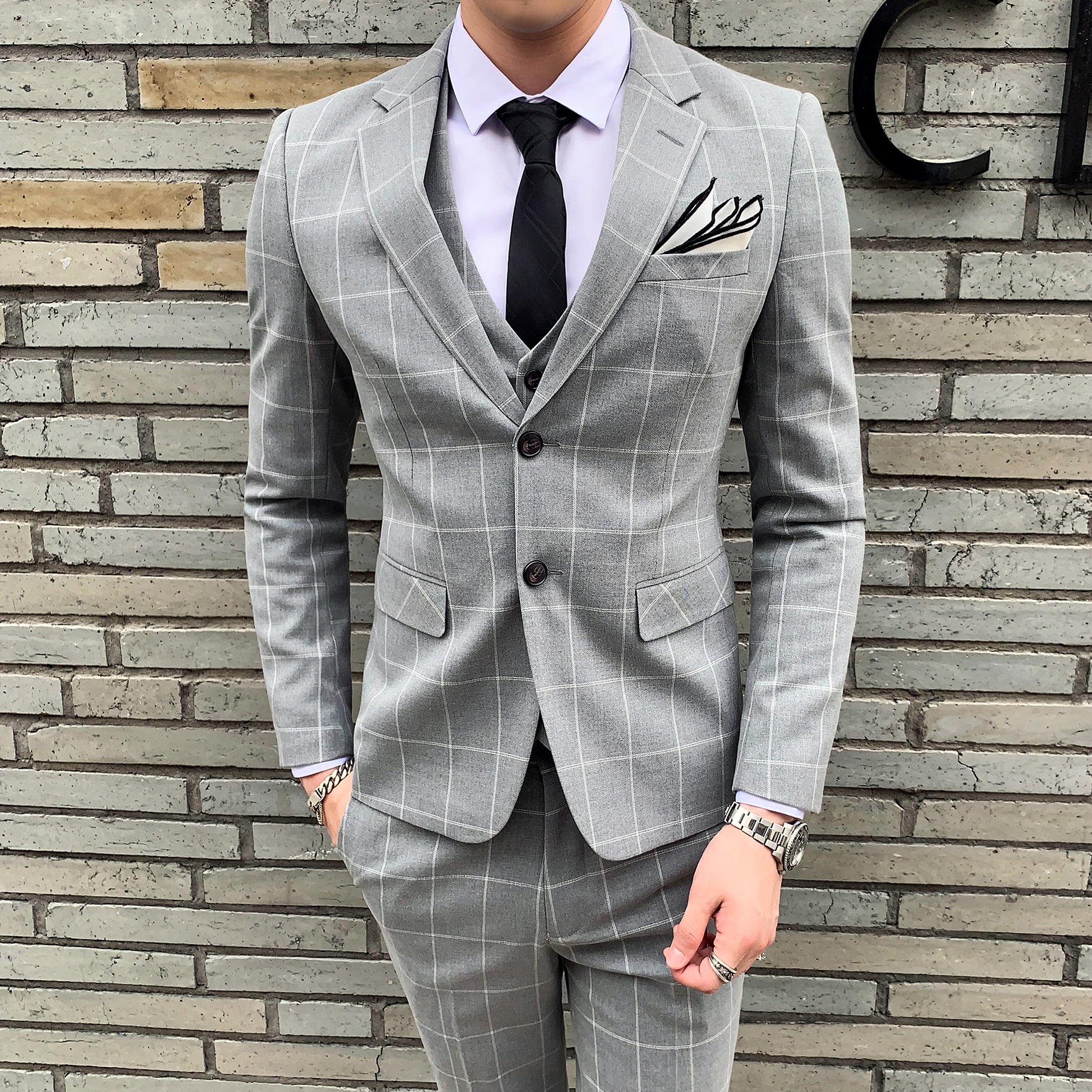 秋冬新款格子男士西服套装三件套两粒扣浅灰西装SJT812-P280，男装西服套装，星座1012