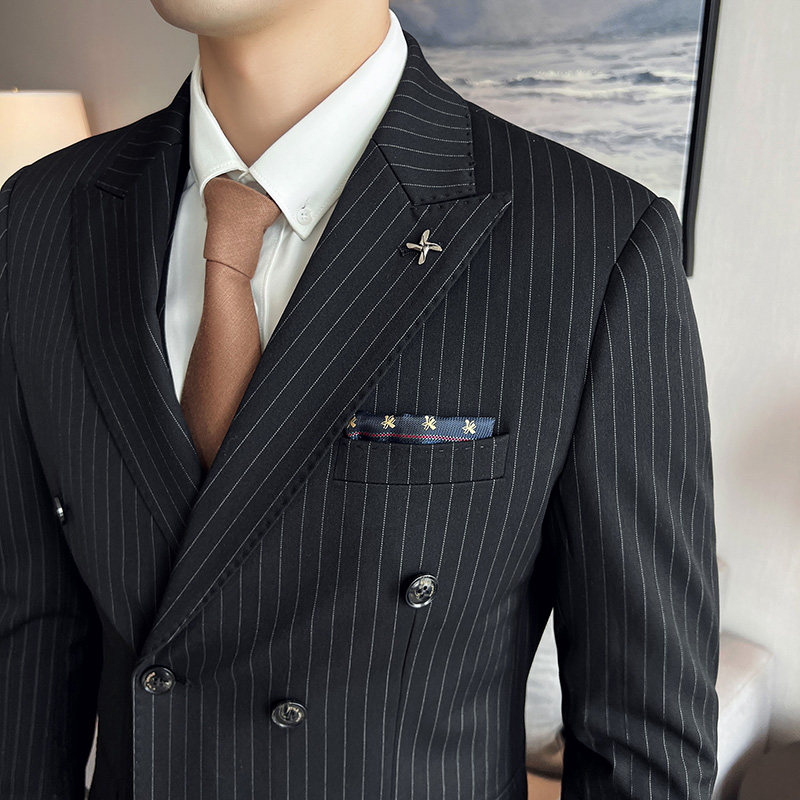 三件套男士西装套装商务休闲修双排扣条纹西服SJT826-P265,男装西服套装,星座1012