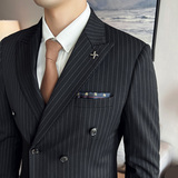 三件套男士西装套装商务休闲修双排扣条纹西服SJT826-P265，男装西服套装，星座1012